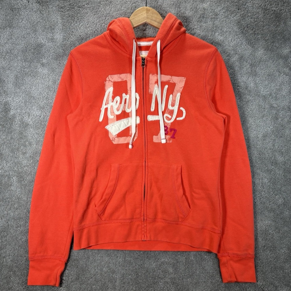 Aeropostale Hoodie Sweatshirt Womens L Full Zip Orange Fleece Embroidered Y2K